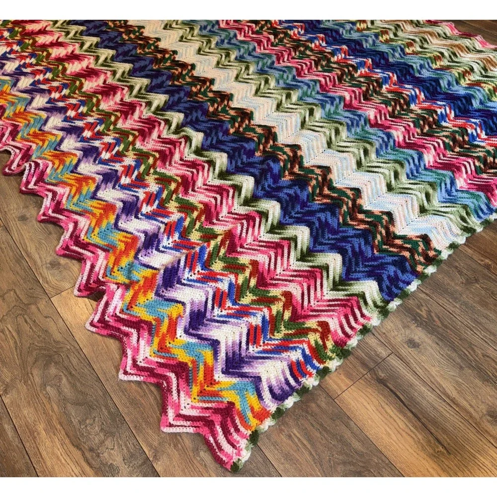 Vtg 70s Crochet Handmade Afghan Multicolor Throw Blanket Chevron Zig Zag 7ftx6ft